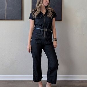Albion Fit Hamptons Jumpsuit XS Black  Canvas Zip Front Short Sleeve